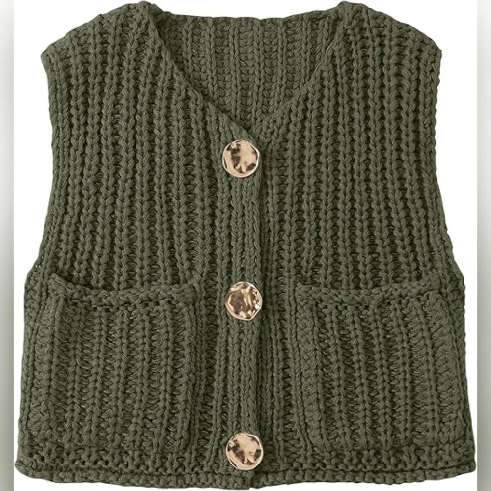NWT UEU Chunky Vest Button Down Cardigan V Neck Crop Sweater, XL (12-14)